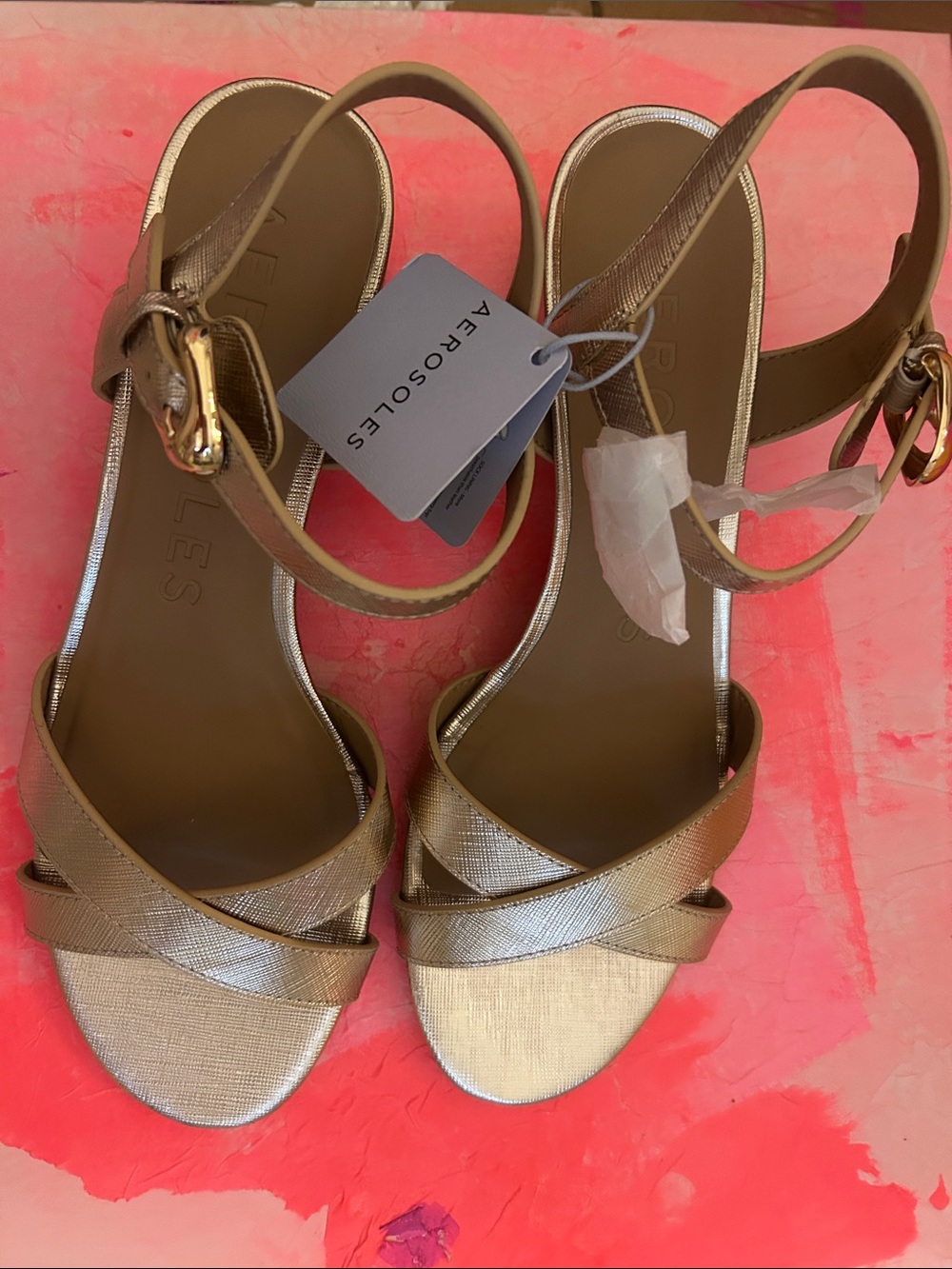 AEROSOLES Gold Metallic Crisscross Slingback Heels